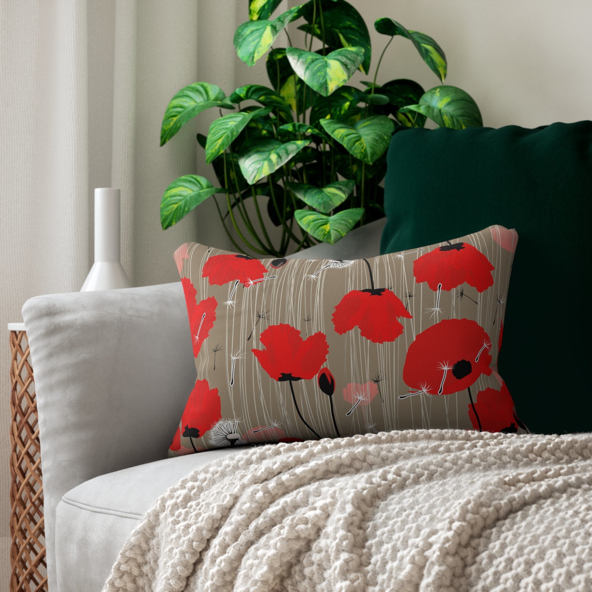 Red Poppy Lumbar Pillow, Indoor