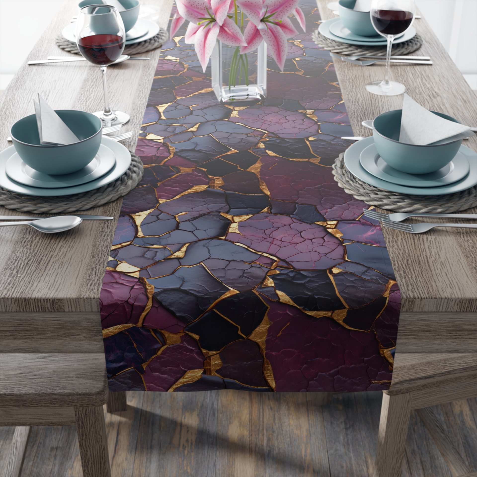 Purple and Gold Kintsugi Style Cotton Table Runner