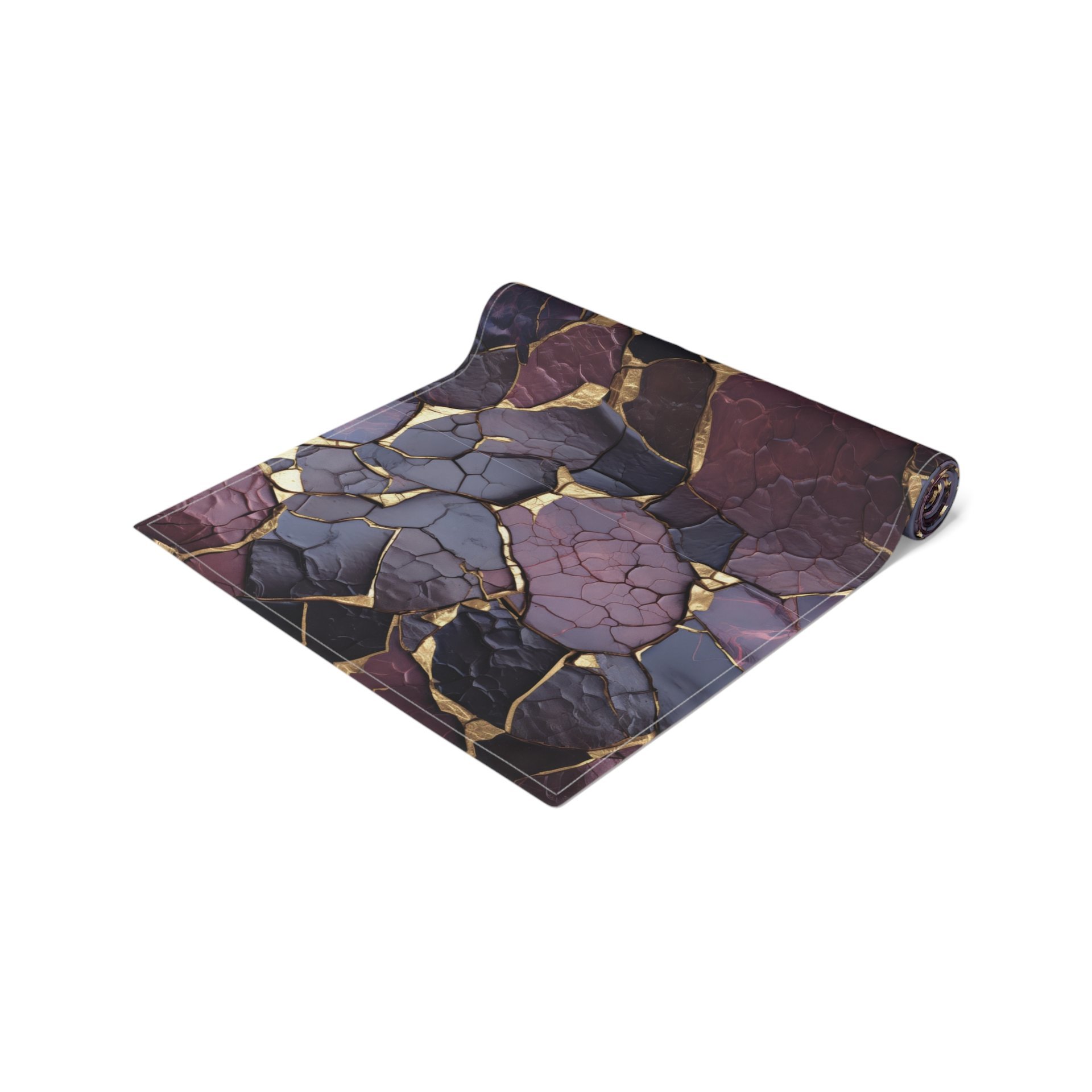 Purple and Gold Kintsugi Style Cotton Table Runner rolled up