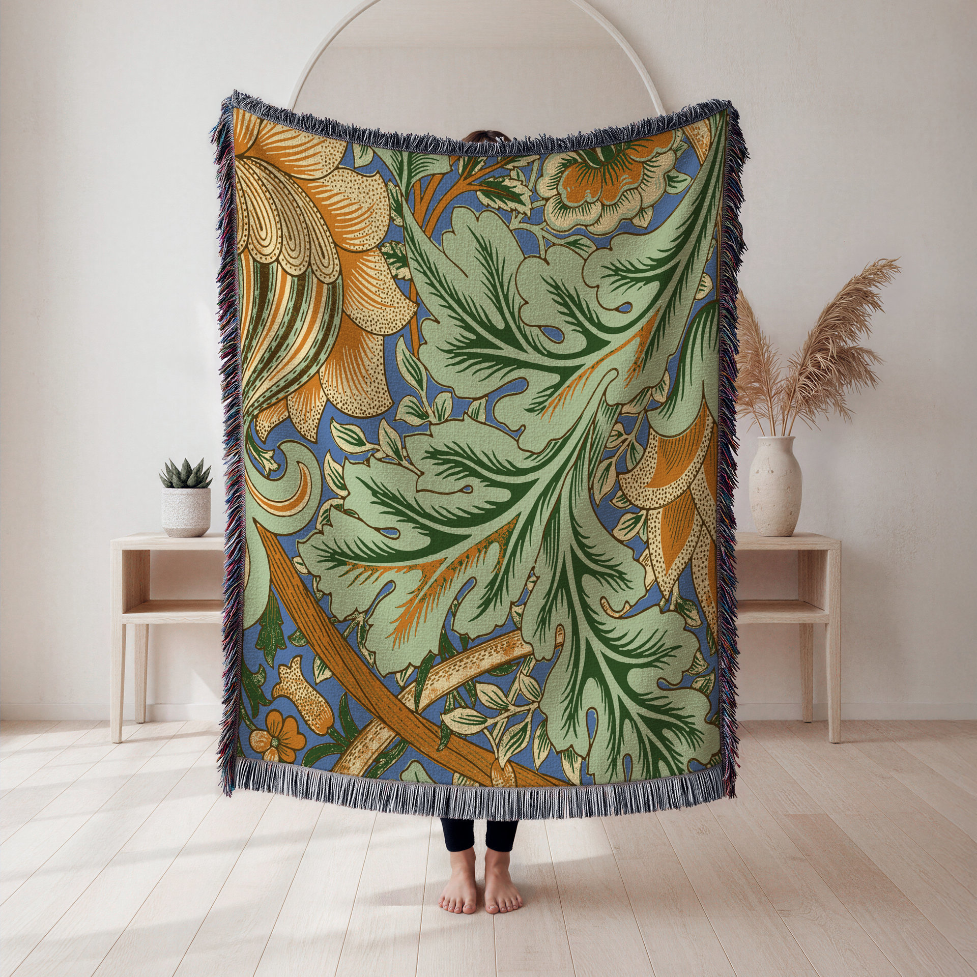 Art Nouveau Floral Blanket - 100% Woven Cotton Fringed Throw