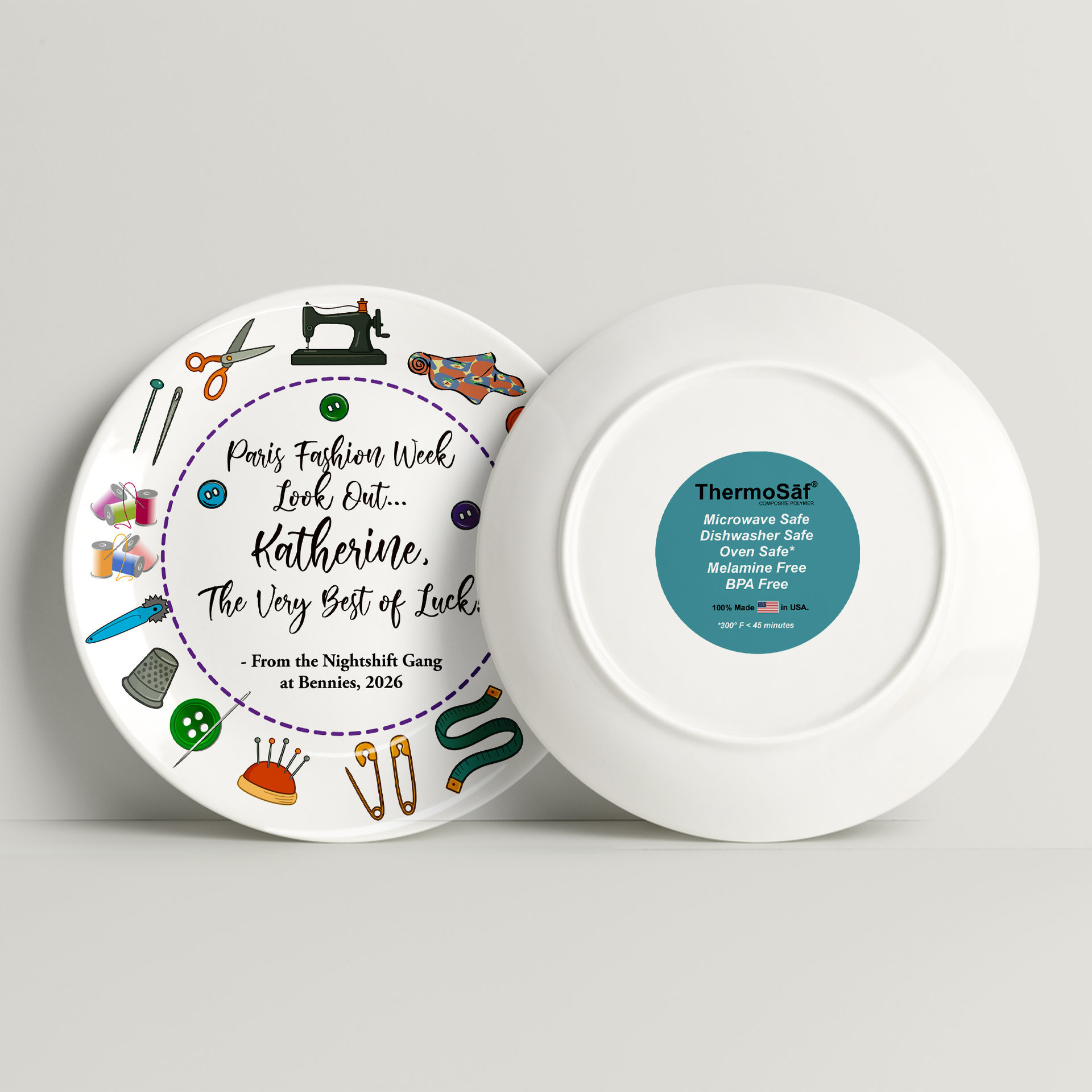 Personalized Sewing Plate, Retirement or Graduation Gift front and back