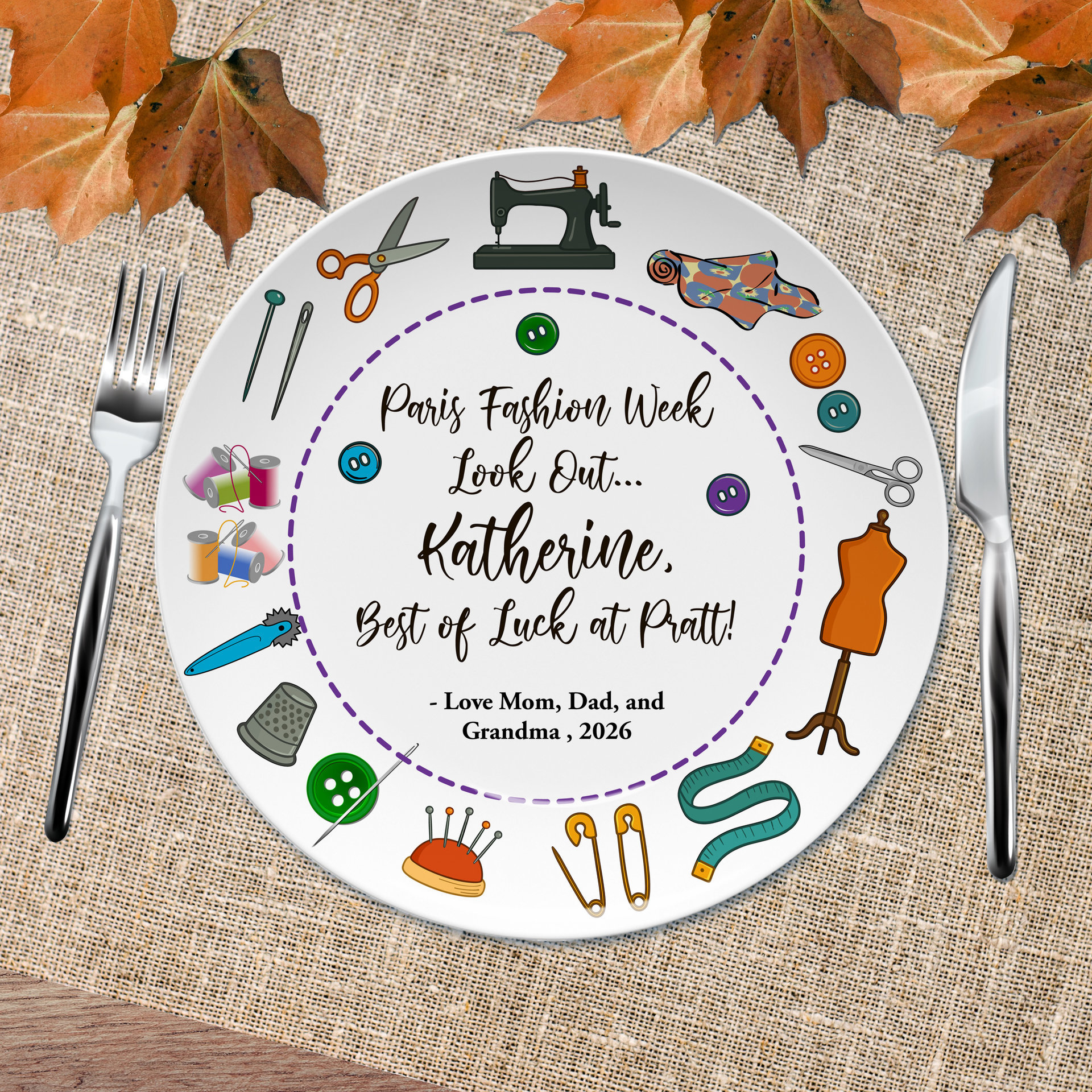 Personalized Sewing Plate, Retirement or Graduation Gift