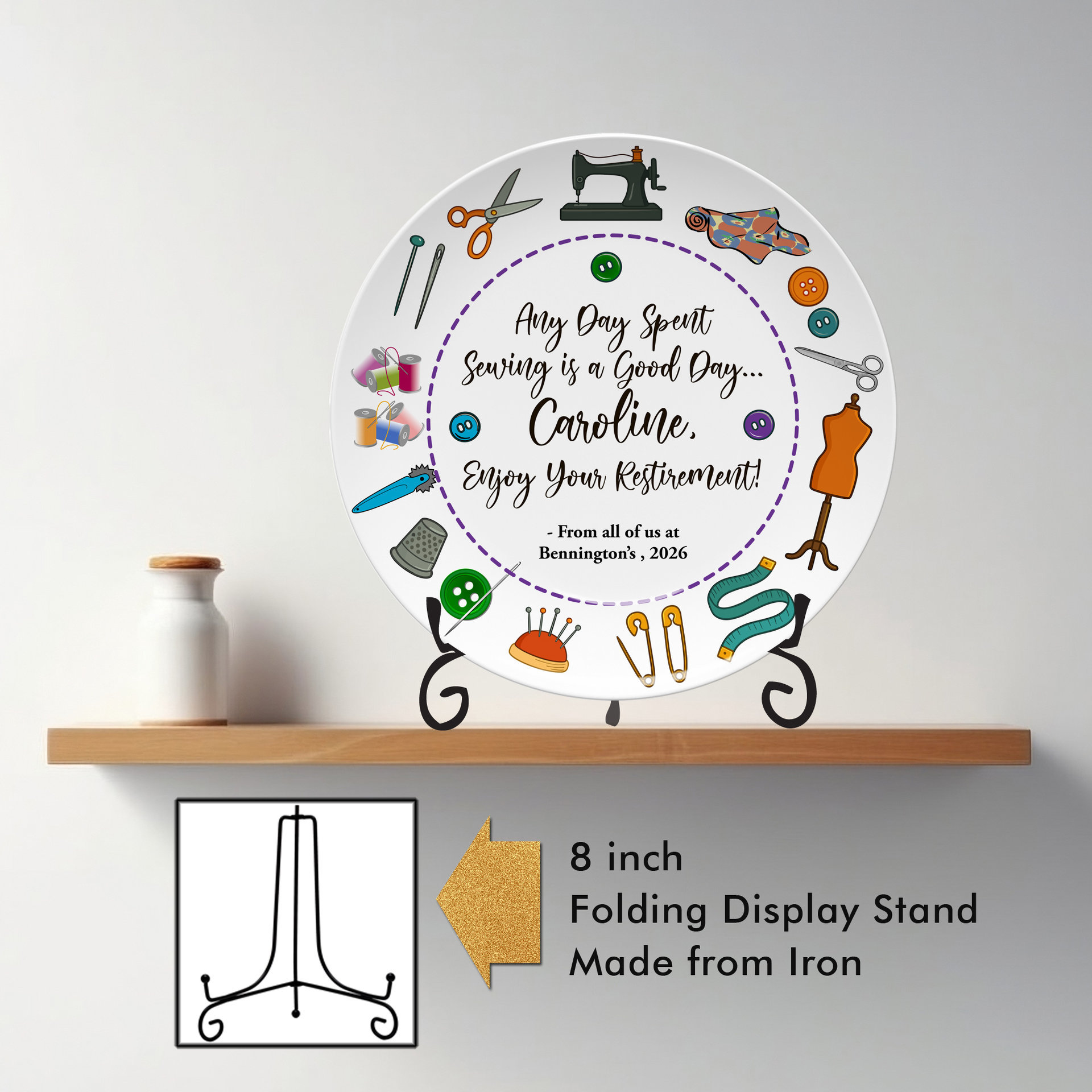 Personalized Sewing Plate, Retirement or Graduation Gift with Display Stand 