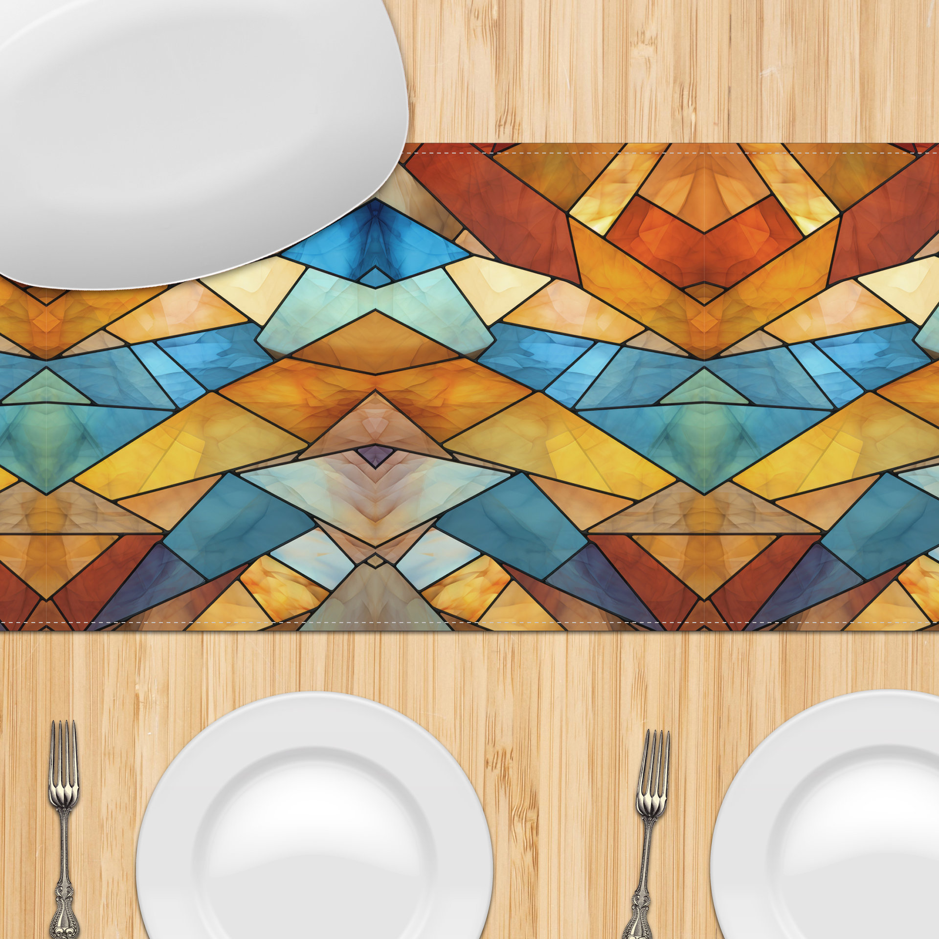 Southwestern Stained Glass Eagle Table Runner on a table close up.