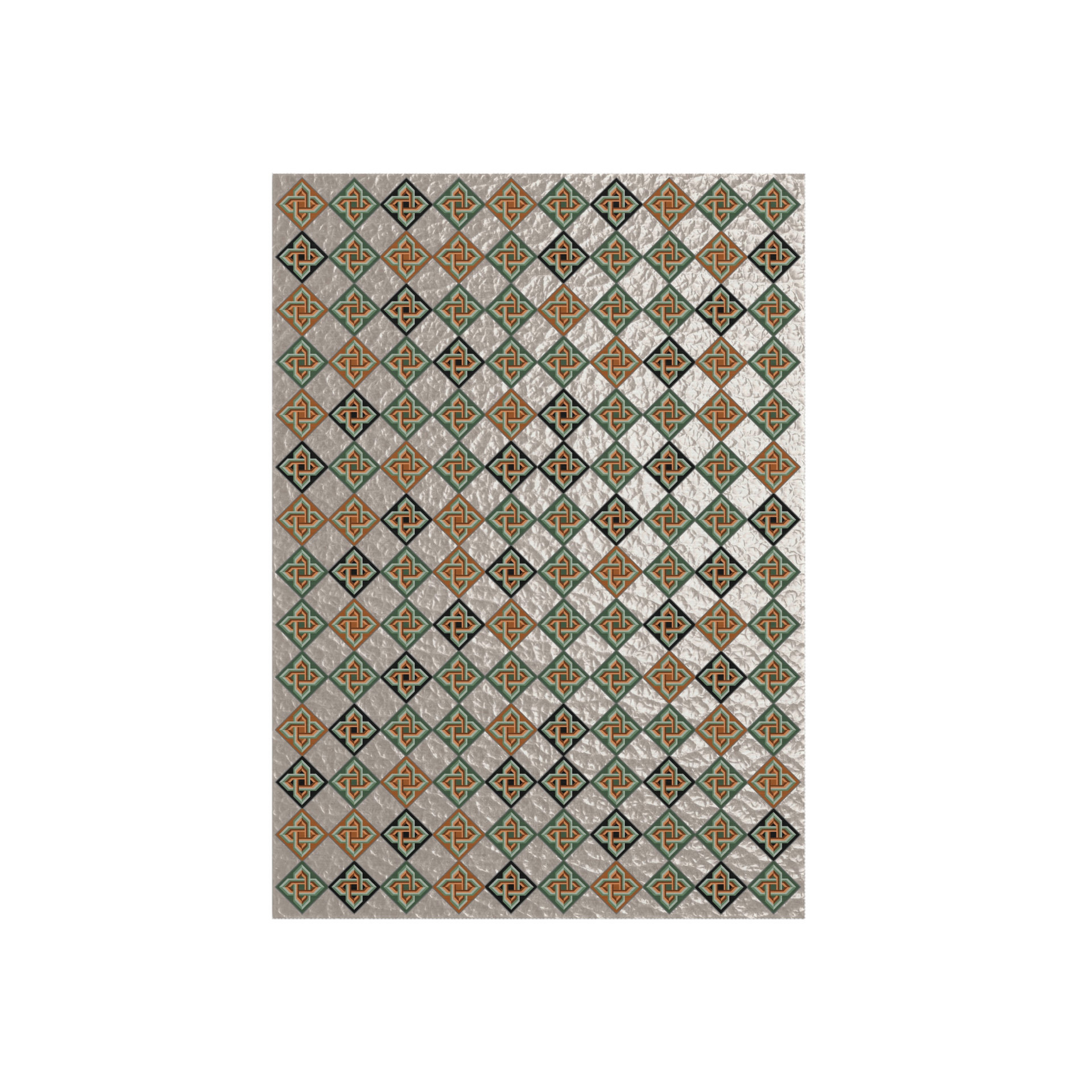 Six inch diamond tile pattern with intertwined Celtic knots in tones of olive green, burnt orange and black on an interesting light taupe textured background that resembles frosted glass.