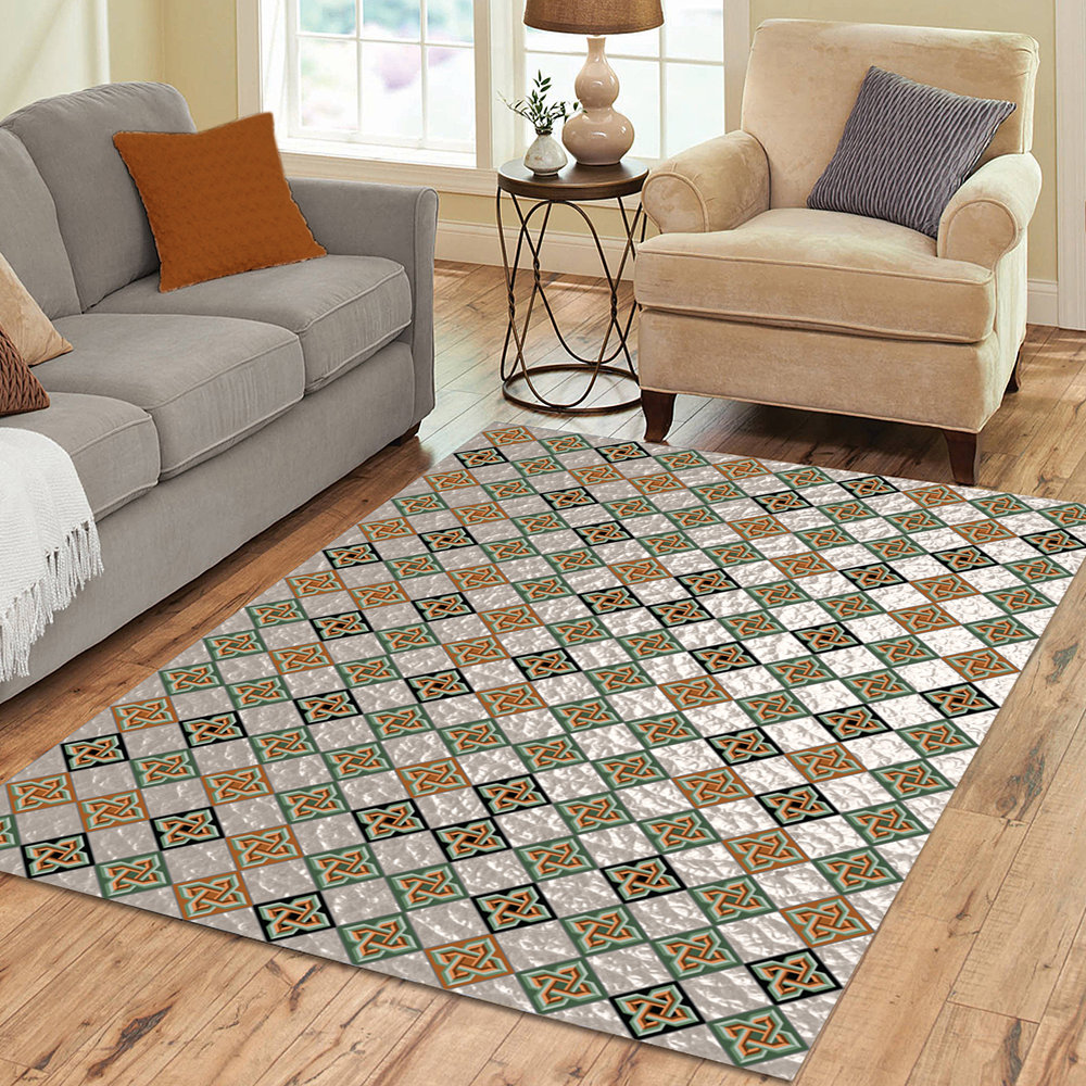 Six inch diamond tile pattern with intertwined Celtic knots in tones of olive green, burnt orange and black on an interesting light taupe textured background that resembles frosted glass.