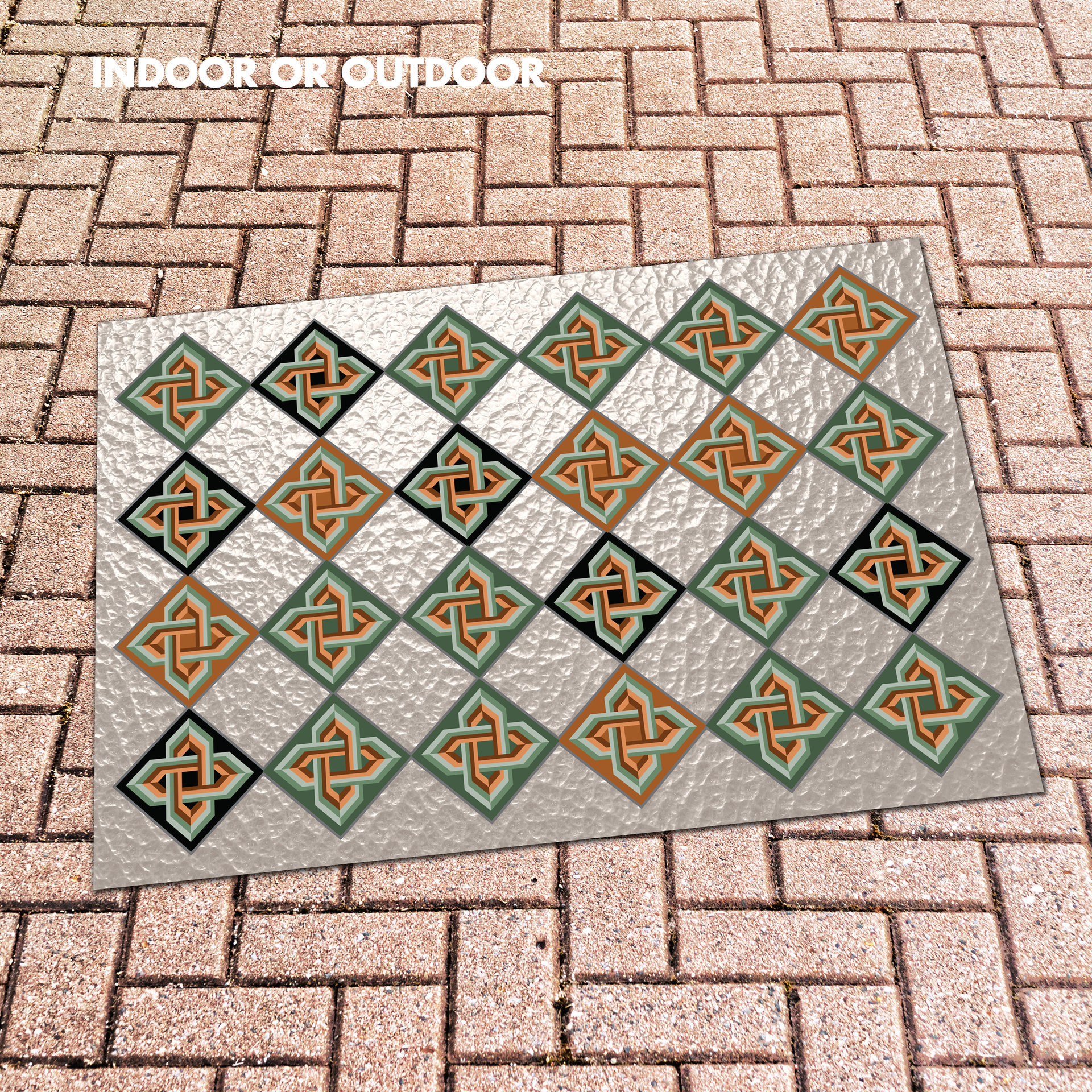 Out door mat with Six inch diamond tile pattern with intertwined Celtic knots in tones of olive green, burnt orange and black on an interesting light taupe textured background that resembles frosted glass.