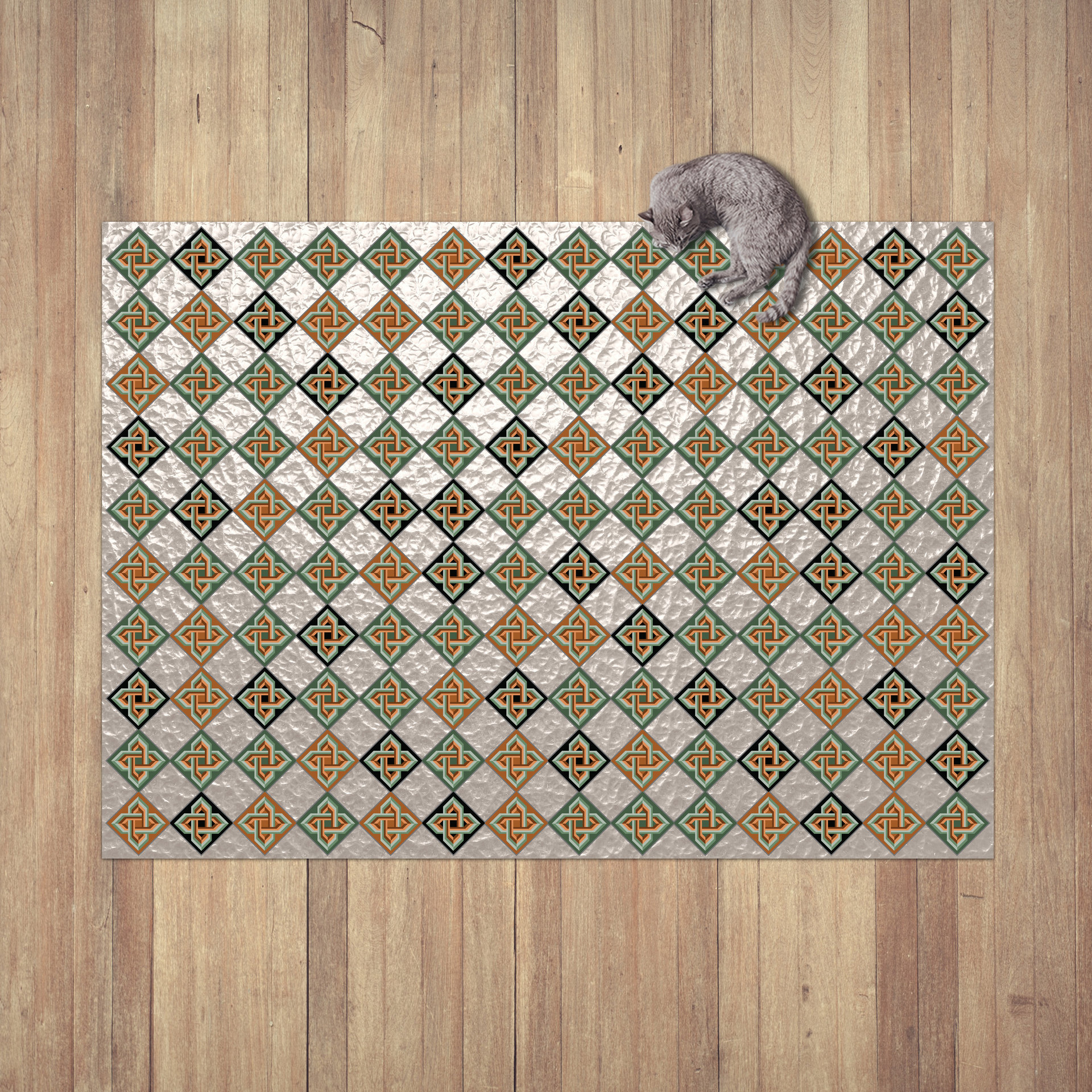 Six inch diamond tile pattern with intertwined Celtic knots in tones of olive green, burnt orange and black on an interesting light taupe textured background that resembles frosted glass.