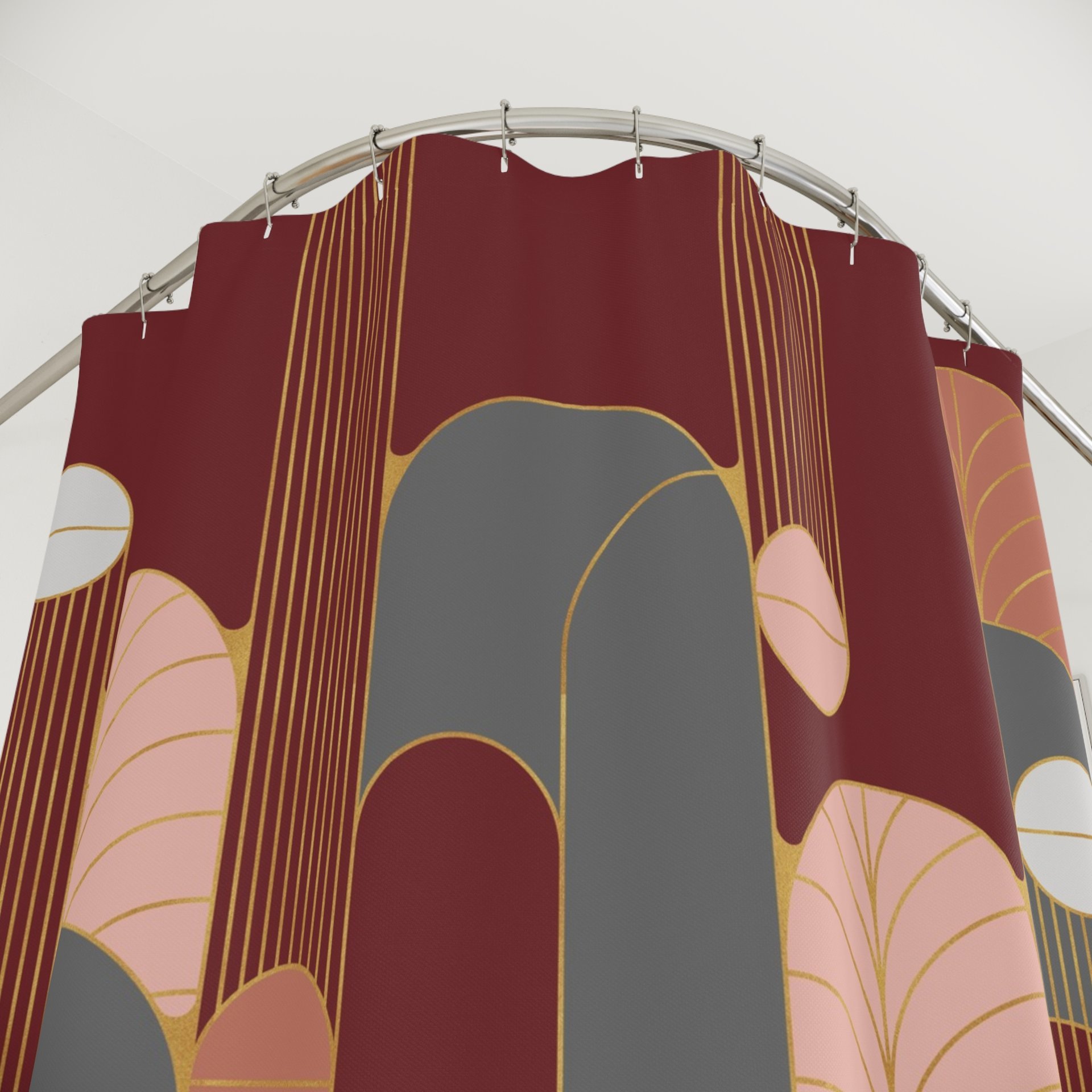 Red Wine Minimalist Art Deco Shower Curtain close up showing button hole top