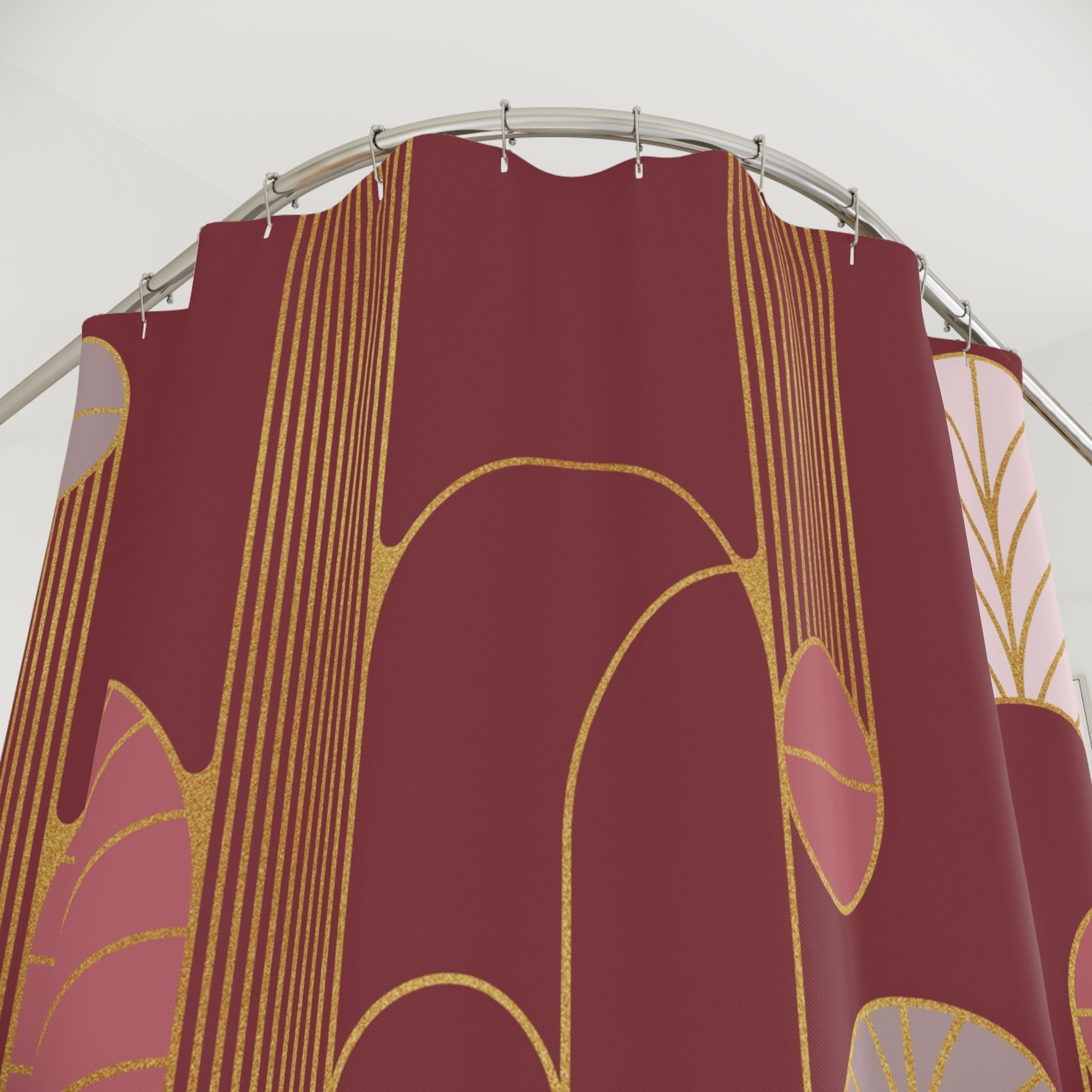 Red Wine Minimalist Art Deco Shower Curtain, top half close up