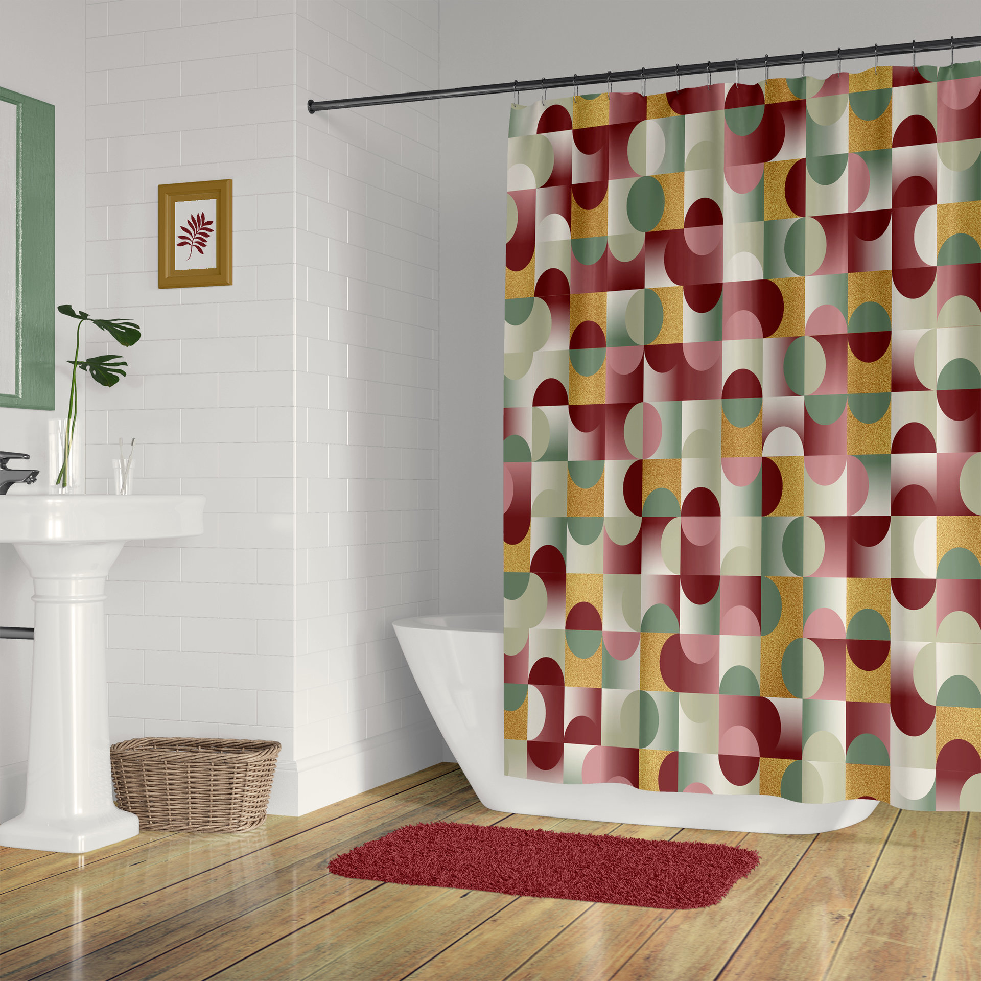 Abstract Geometric Shower Curtain, Burgundy Olive Gold Mid Century Modern Pattern