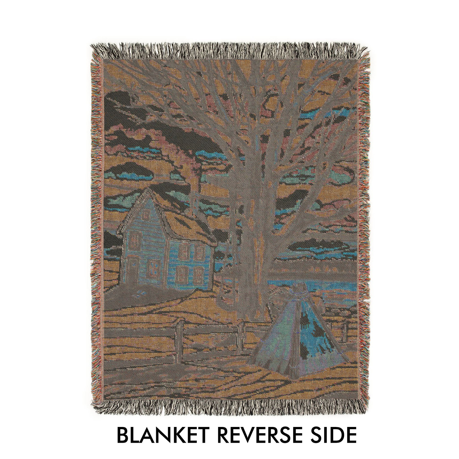 Reverse side of Snowy Winter Woven Cotton Blanket, Country Farmhouse Landscape