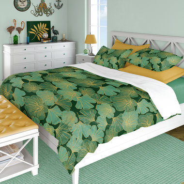 Green and Gold Asian Leaf Queen Duvet Cover Set