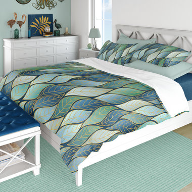 Blue Green Ombré Leaves Bedding Set