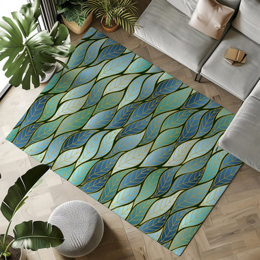 Blue Green Ombre Leaves Rug, Indoor Outdoor