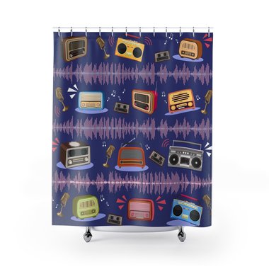 Musical Shower Curtain, Colorful Vintage Radios with Sound Waves