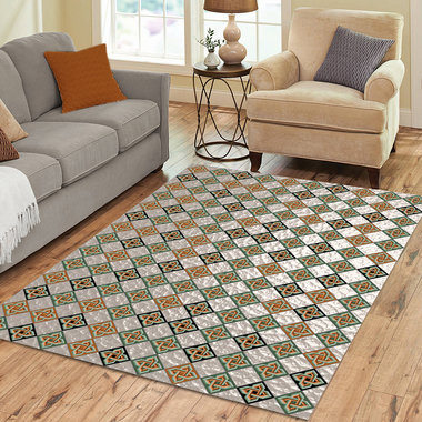 Six inch diamond tile pattern with intertwined Celtic knots in tones of olive green, burnt orange and black on an interesting light taupe textured background that resembles frosted glass.