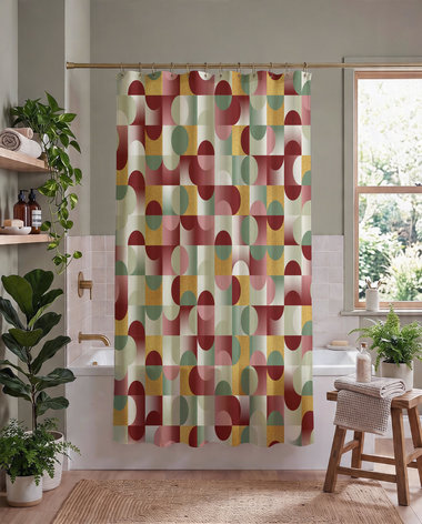Abstract Geometric Shower Curtain, Burgundy Olive Gold Mid Century Modern Pattern
